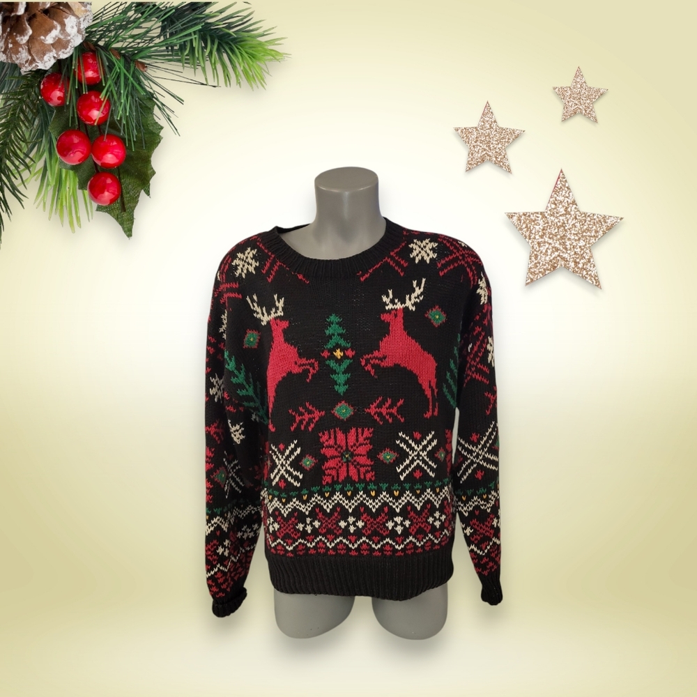 VTG Bushwacker Dancing Reindeer Ugly Christmas Sweater Stag Deer Poinsette Tree